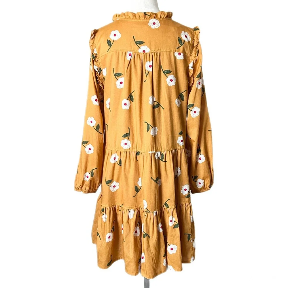 NEW Pink Chicken Kalani Mini Dress 100% Cotton Gold Flower Ruffle Tiered Large
